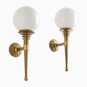 Brass Wall Sconces with Milky Glass by Tommaso Buzzi, 1940s, Set of 2