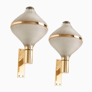 Wall Sconces in Brass and Striped Glass by BBPR for Artemide, 1960s, Set of 2