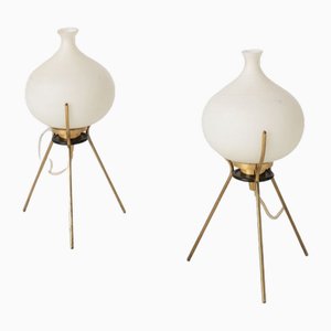 Lámparas de mesa de latón y vidrio flameado de Angelo Lelli para Furniture, años 50. Juego de 2