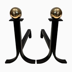 Modernist Steel Chenets in Brass and Wrought Iron in the style of Jacques Adnet, 1970s, Set of 2