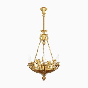 Lámpara de araña estilo Imperio de bronce dorado, años 50