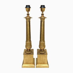 Large French Empire Style Brass Table Lamps, 1940s, Set of 2