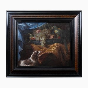 Still Life with Dog and Parrot, 17th-Century, Oil on Canvas, Framed