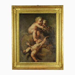 Putti with a Lion, 1800s, Oil on Canvas, Framed