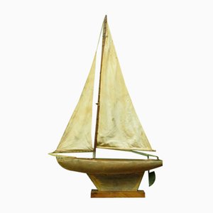 Large Vintage Scratch Built Pond Yacht with Chicken Feed Sack Sail, 1950s