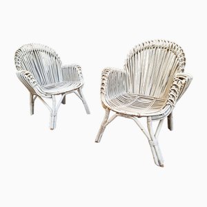 Fauteuils en Malacca et Bambou Laqué Blanc, 1960s, Set de 2