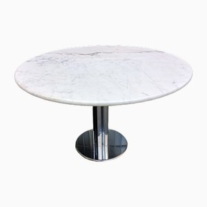 Mesa de comedor redonda de hierro cromado con superficie de mármol de Carrara blanco, años 80
