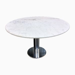 Table de Salle à Manger Ronde en Fer Crome avec Plateau en Marbre de Carrare Blanc, 1980s