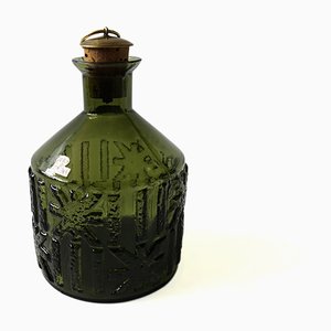 Carafe Vintage en Verre Vert avec Couvercle en Liège et Laiton de Skruf, Suède