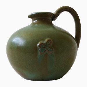Vaso piccolo vintage rotondo in ceramica verde con manico di Bo Fajans, Svezia