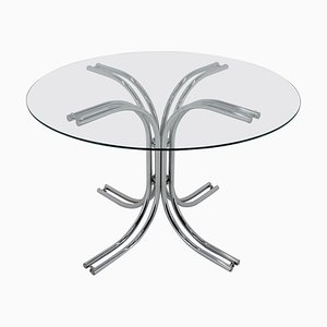 Italian Round Glass and Chrome-Plated Dining Table, 1980s