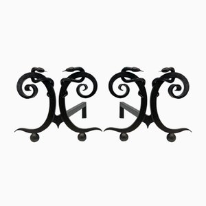 Wrought Iron Chenets with Snakes in the style of Edgar Brandt, 1950s, Set of 2