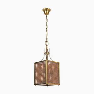 Mid-Century Wicker, Brass and Glass Hanging Light, Italy, 1970s