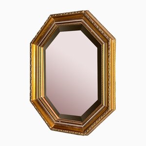 Espejo vintage con marco octogonal de madera dorada, Italia, años 50
