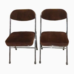 Folding Chairs in Chrome and Brown Cord, 1970s, Set of 2