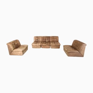 Canapés Modulaires Vintage en Cuir Patchwork Marron, 1970s, Set de 5