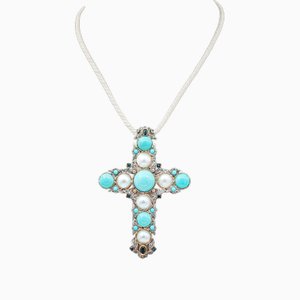14 Kt Gold and Silver Cross Pendant with Diamonds, Sapphires and Turquoise, 1950s