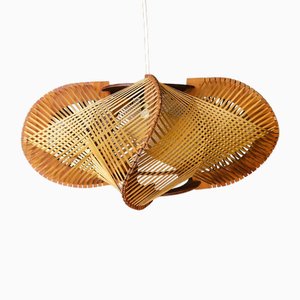 Mid-Century Portuguese Wood and Straw Hanging Lamp, 1960s
