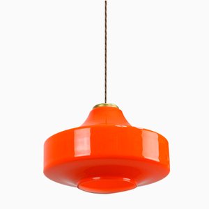 Lampe à Suspension Mid-Century en Verre & Laiton Orange, Italie