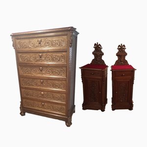 Bedside Tables and Chest of Drawers in Walnut, 19th Century, Set of 3