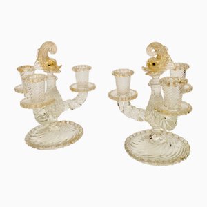 Bougeoirs en Verre de Murano Décorés de Feuilles d'Or par Barovier & Toso, 1950s, Set de 2