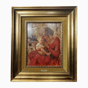 Rinaldi, Dama con niño, años 20, óleo sobre lienzo, enmarcado
