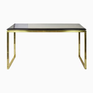 Mid-Century Brass, Glass, Wood Console Table, 1970s