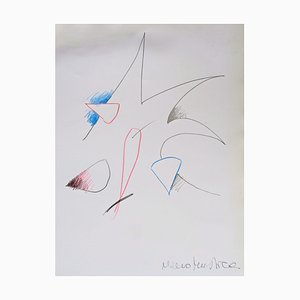 Nino Mustica, Composition Abstraite, Dessin Au Crayon En Couleurs Sur Papier