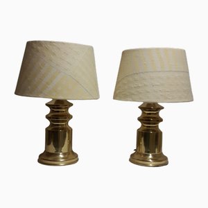 Table Lamps with Brass Bases and Fabric Shades, 1970s, Set of 2