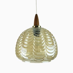 Mid-Century Pendant Light in Amber Glass, Brass & Wood, 1960s