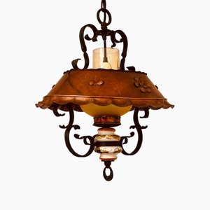 Antique Ceiling Lamp in Porcelain, Copper and Wrought Iron