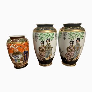 Ancient Japanese Hand-Painted Satsuma Vases, Set of 3