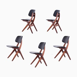 Teak Scissor Dining Chairs by Louis van Teeffelen for Webe, 1950s, Set of 5