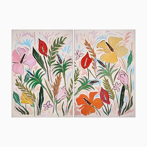 Romina Milano, Díptico de flores de hibisco salvaje tropical, 2023, Acrílico sobre papel