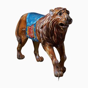 Figura de carrusel de león vintage de madera tallada, años 50