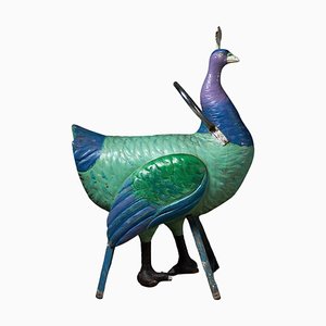 Figura de carrusel de pavo real vintage de madera tallada, años 50