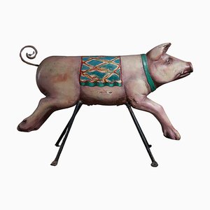 Figura de carrusel de cerdo de madera tallada, años 50