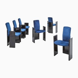 Chaises de Salle à Manger en Bois Laqué Noir et Velours Bleu Electrique de Arflex, 1960s, Set de 6