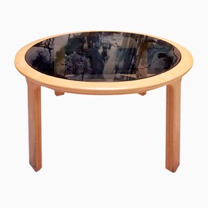 Vintage Round Table in Beige Leather and Amber Glass by Luigi Massoni, 1970s