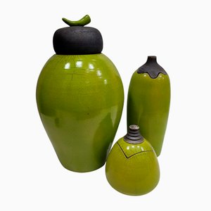 Vases Vintage Verts en Céramique Raku de Befos, Set de 3