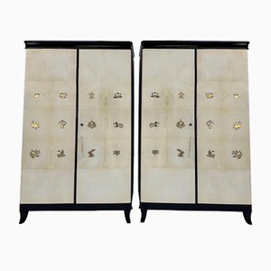 Italian Art Deco Parchment, Black and Gold Leaf Zodiac Armoires by Gio Ponti, 1940s, Set of 2