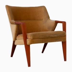 Danish Modern Golden Velvet Lounge Chair by Kurt Olsen for Slagelse Møbelværk, 1950s