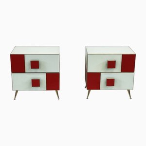 Wood and White / Red Glass Bedside Tables, 1990s, Set of 2