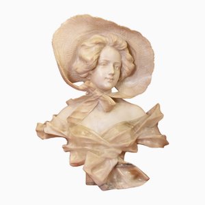 Galileo Pochini, Büste eines jungen Mädchens mit Hut, 19. Jh., Marmor und Alabaster