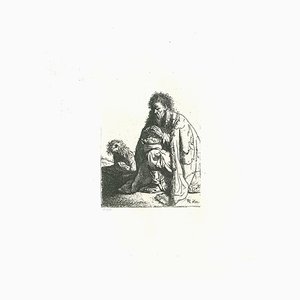Charles Amand Durand después de Rembrandt, mendigo sentado y su perro, grabado, del siglo XIX.