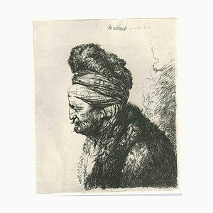 Charles Amand Durand después de Rembrandt, cabeza de hombre con turbante, grabado, del siglo XIX.