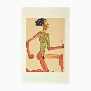 Après Schiele, Nu masculin agenouillé de profil, Lithographie, 2007