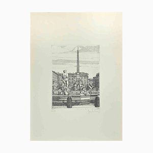 Giuseppe Malandrino, Navona Square, Fountain of 4 Rivers, Etching, 1972