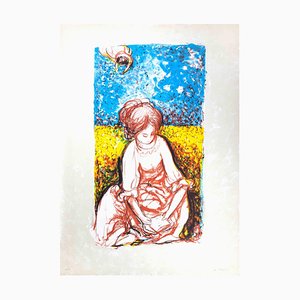 Antonio Masini, Lesendes Mädchen im Weizenfeld, Lithographie, 1970er