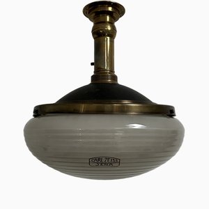 Lampada da soffitto vintage industriale in ottone e vetro di Adolf Mayer, anni '20